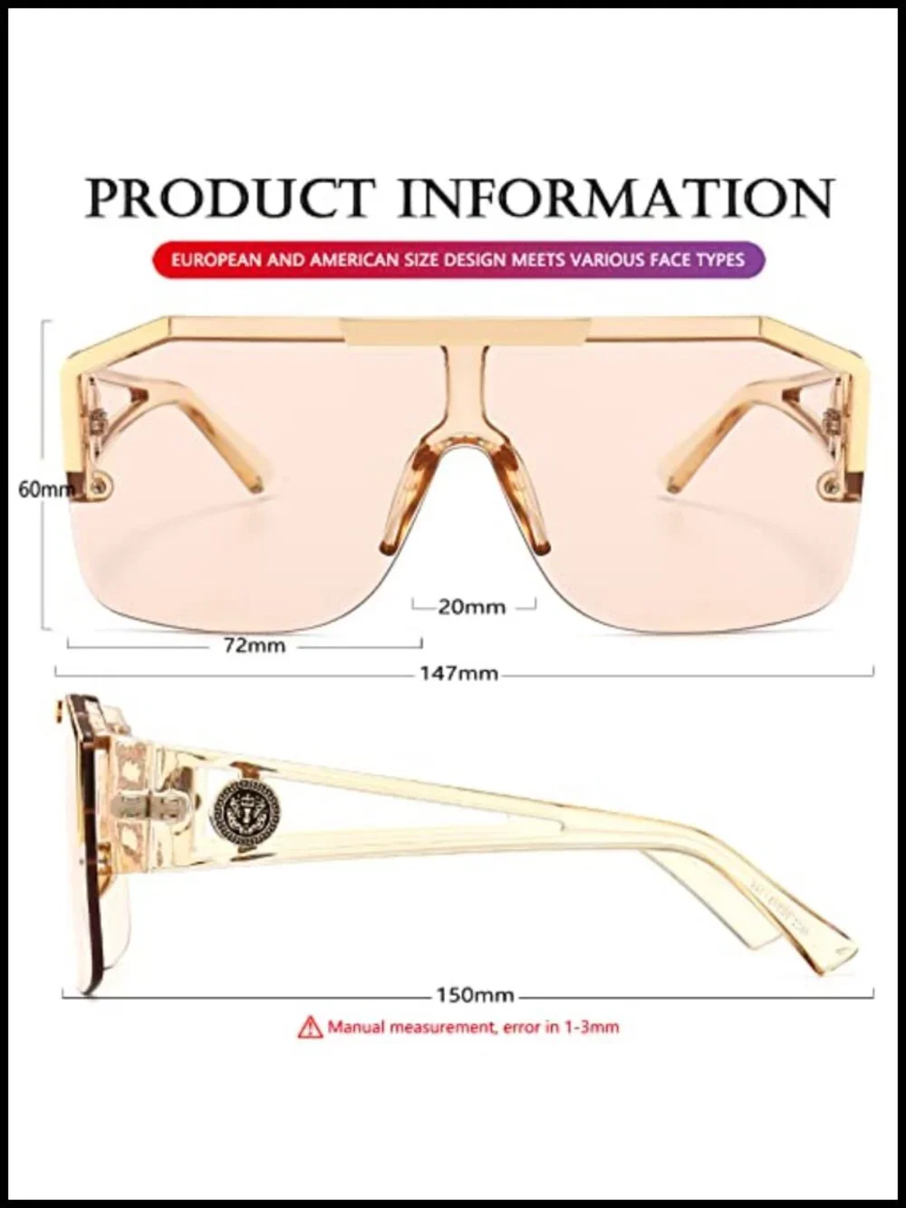 Square Oversized Sunglasses Flat Top Shield One Lens Metal Frame